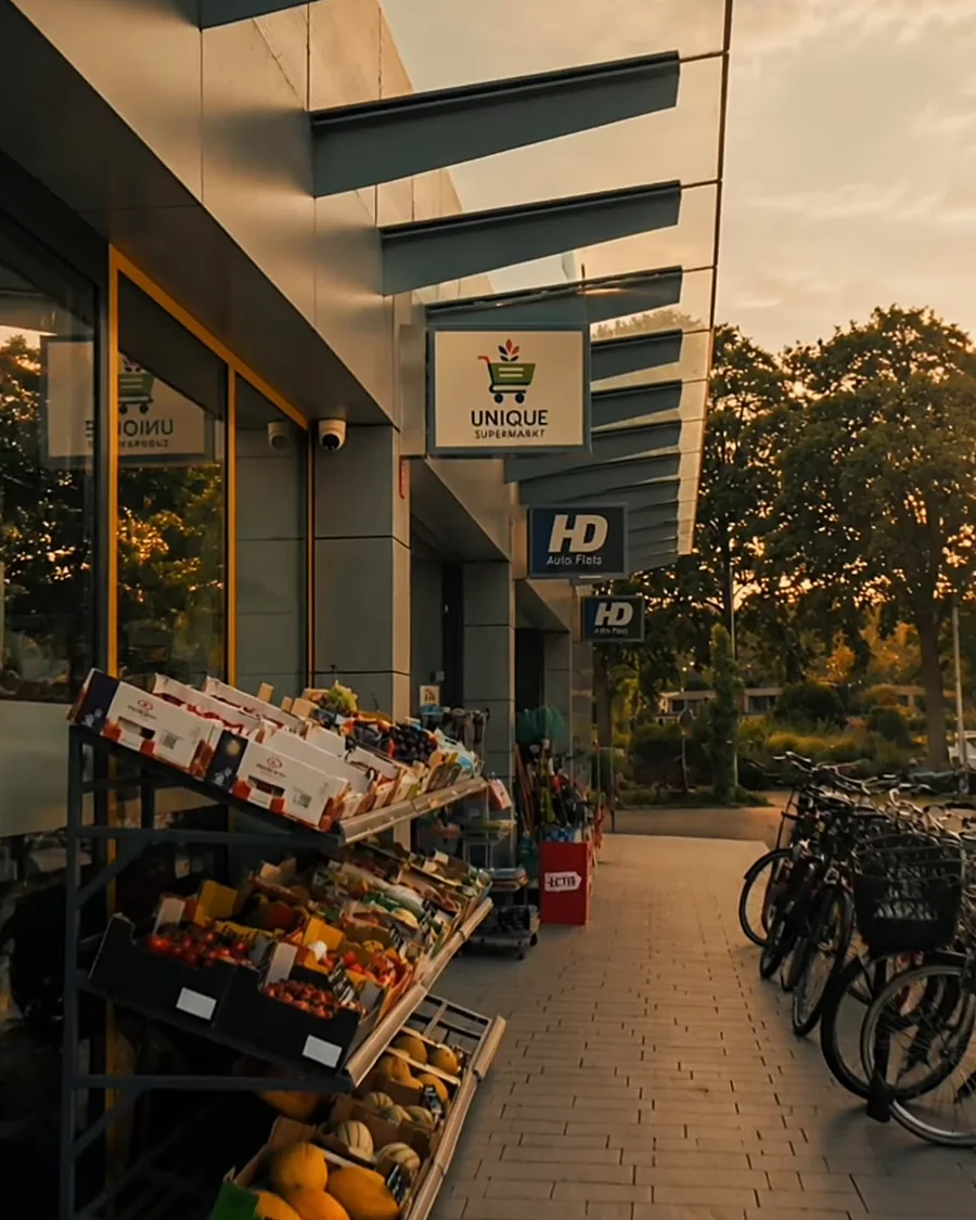 De ingang van Unique Supermarkt met groente en fruit buiten
